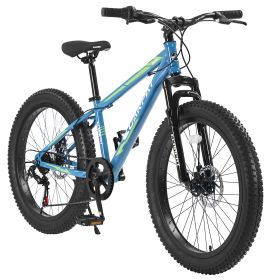 S24109 Elecony 24 Inch Fat Tire Bike Adult/Youth Full Shimano 7 Speeds Mountain Bike, Dual Disc Brake, High-Carbon Steel Frame, Front Suspension (Color: as Pic)