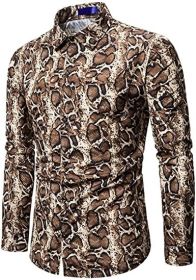 Snakeskin Long Sleeve Shirts Men's Casual Print Disco Button Down Shirt (Color: 2, size: M)