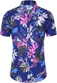 Men's Hawaiian Floral Short Sleeve Shirt Casual Flower Button Down Slim Fit Shirts (Color: Purple, size: 3XL)